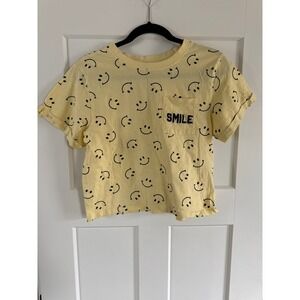 Vibe N Yellow Smiley Face Embroidered Pocket Cropped T Shirt Women's Medium